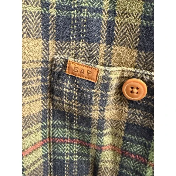 Vintage 1990s Gap Plaid Flannel Button Up Shirt/jacket Boys Medium Leather Logo - Picture 2 of 5